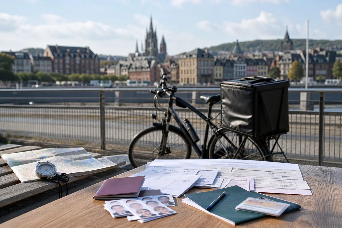 Pièces d’un dossier de demande de titre d’identité étalées sur une table avec photos d’identité
