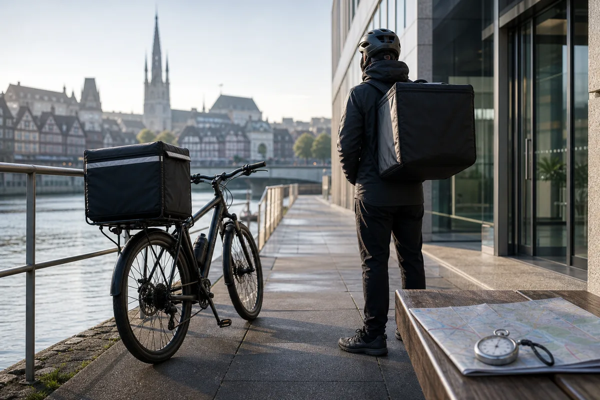 Coursier à vélo attendant devant un immeuble de bureaux avec une sacoche de transport