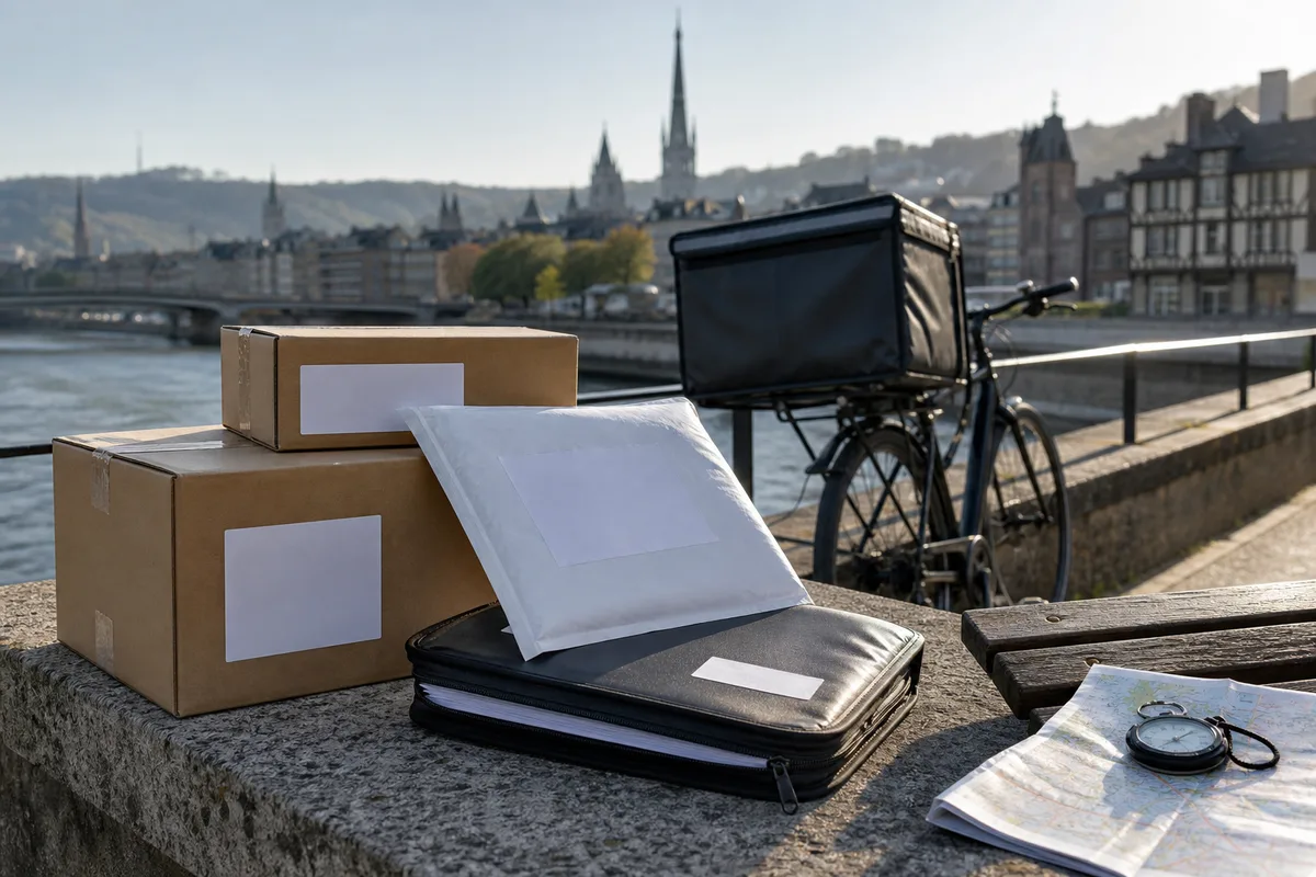 Colis et pochette de documents préparés pour un enlèvement urgent sur un comptoir