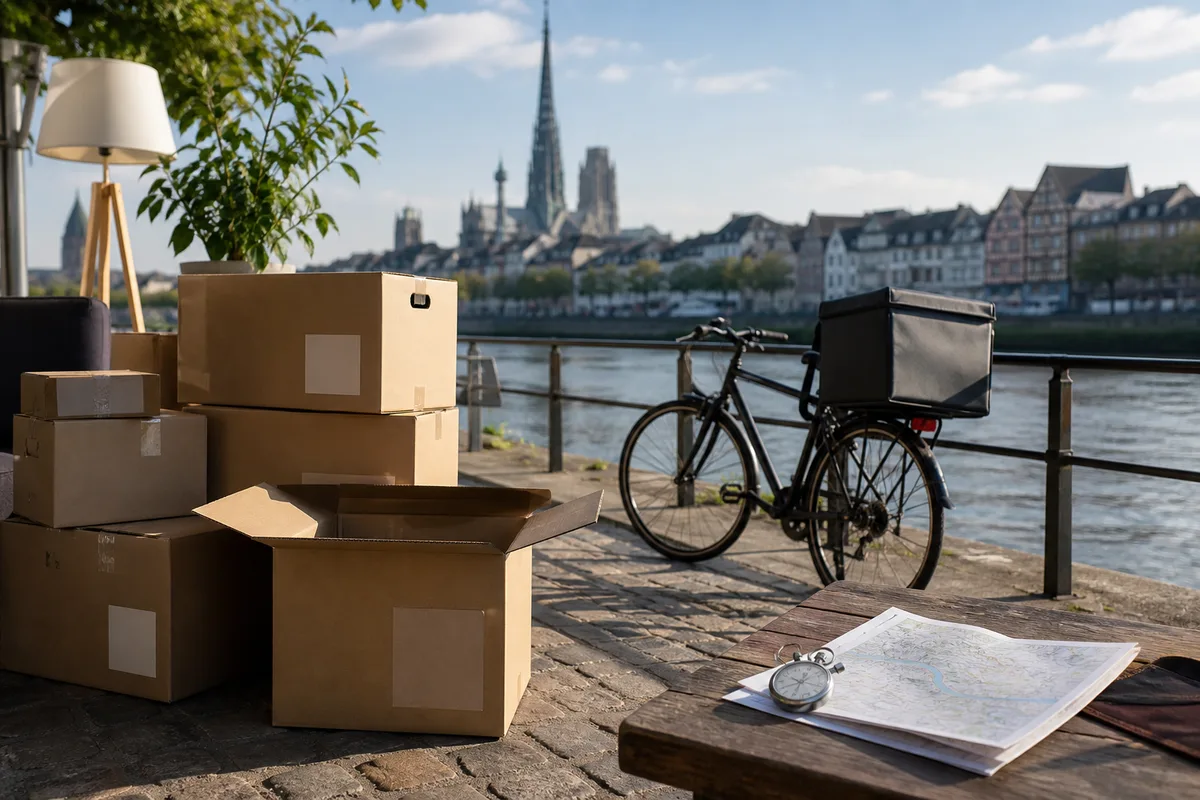 Cartons empilés et étiquetés dans un salon en cours de déménagement