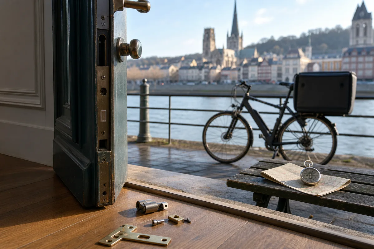 Porte d’entrée d’appartement ouverte avec un cylindre de serrure démonté posé au sol
