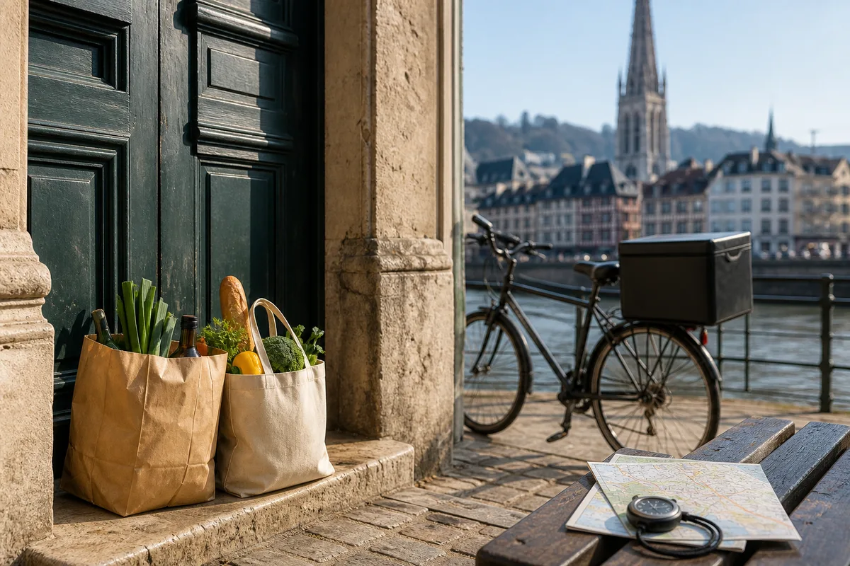 Sacs de courses déposés devant la porte d’un immeuble ancien du centre de Rouen