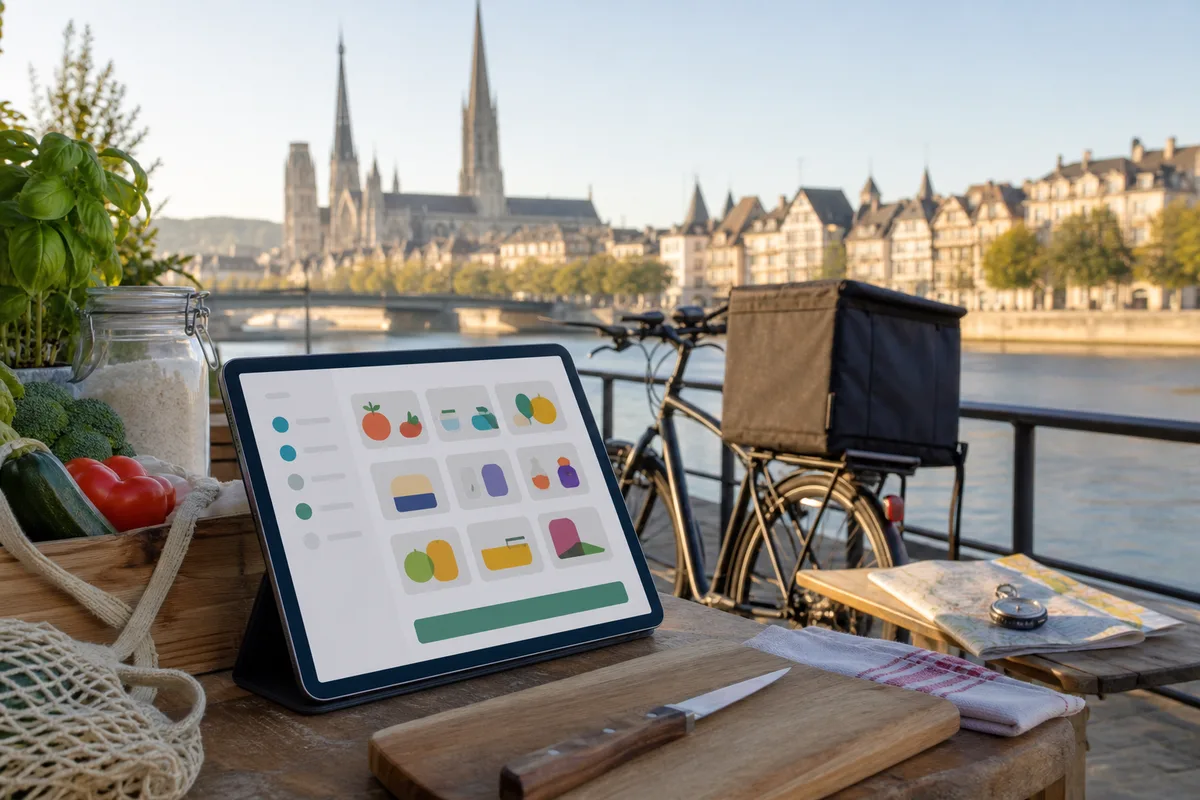 Interface de commande de courses en ligne affichée sur une tablette posée dans une cuisine