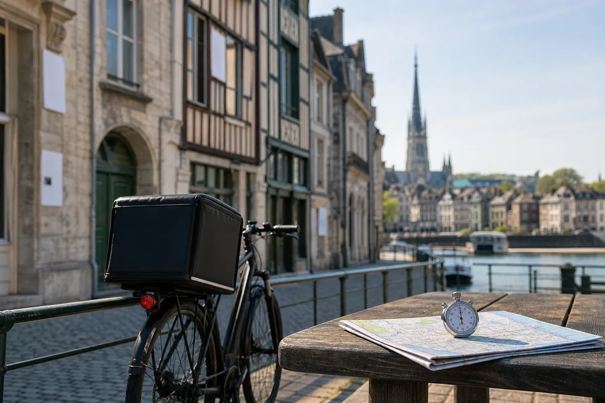 Façades d&rsquo;immeubles anciens dans une rue du centre de Rouen avec annonces de location